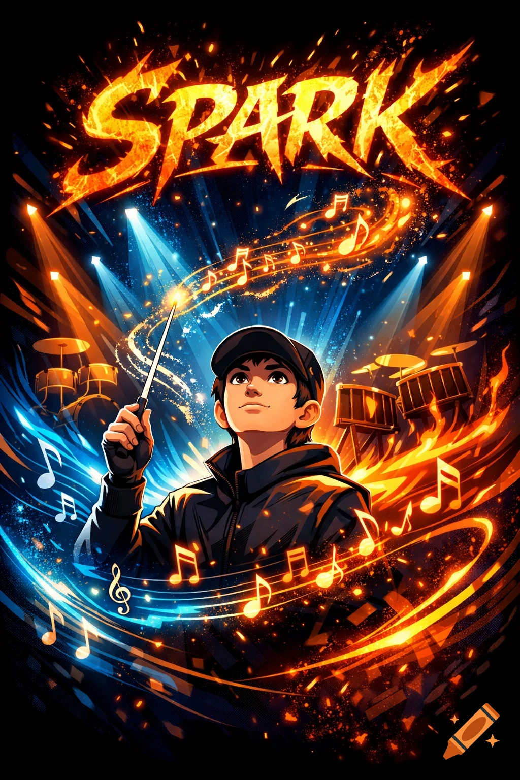 Anime-style conductor on a stage with fiery and icy musical notes, spotlights, drum sets, and 'SPARK' title.