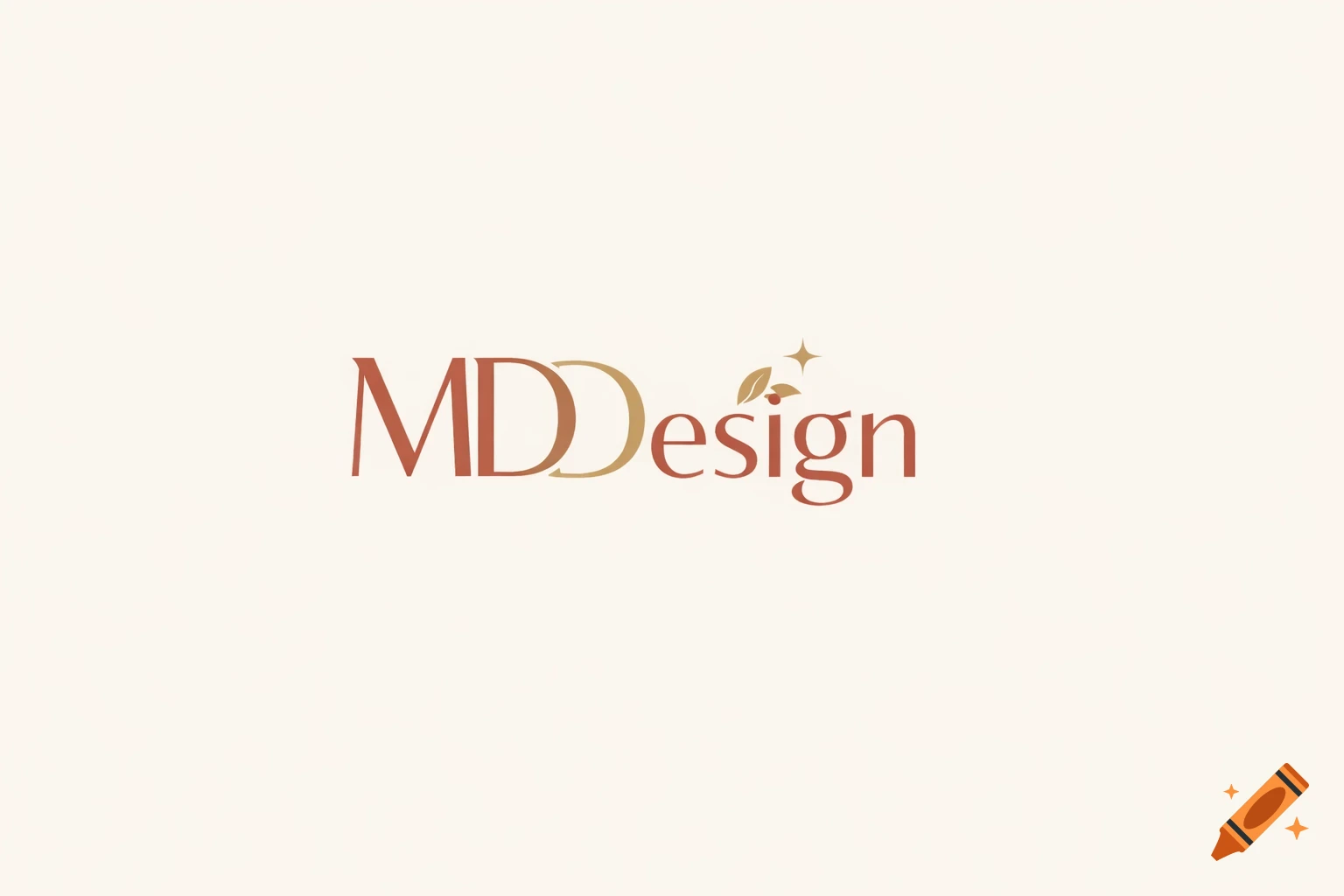 MDDesign logo featuring stylized letters, golden leaves, and a star on a light beige background.