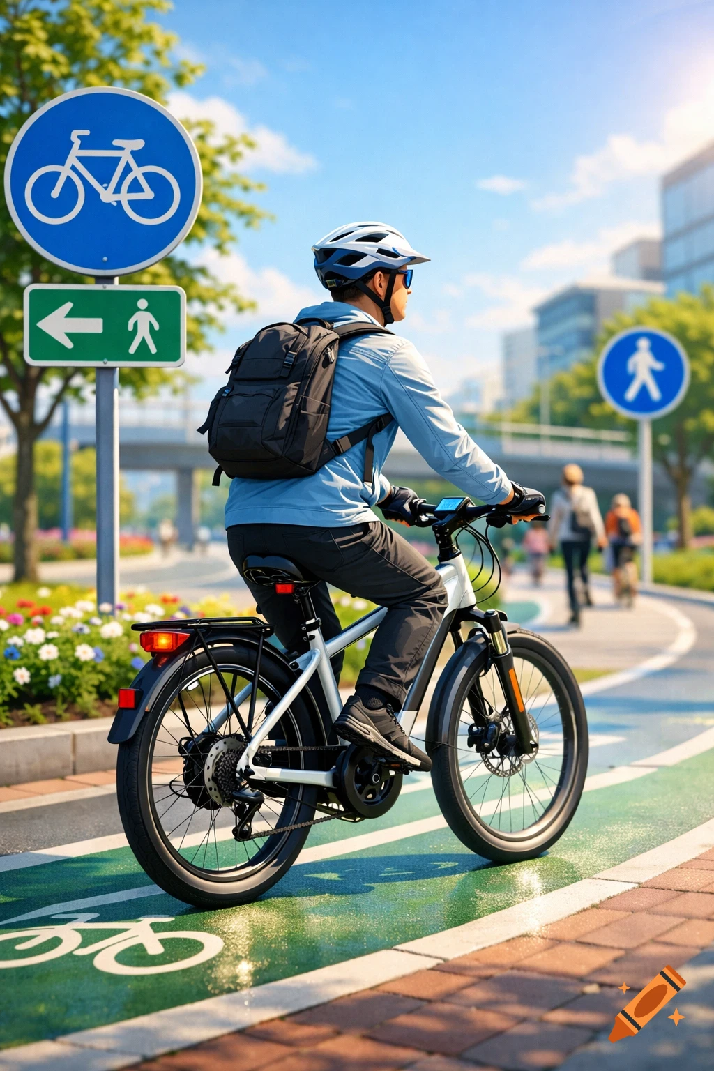 A person in a helmet and backpack rides an electric bicycle on a green bike path with road signs, sunny urban background.
