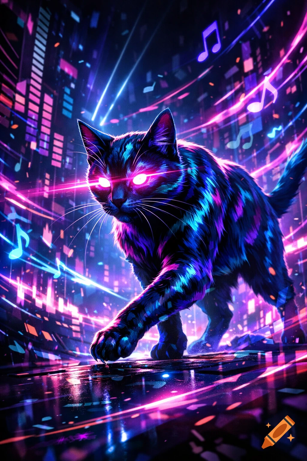 A black cat with glowing pink eyes and neon blue/purple fur walks on a reflective street in a dark, neon-lit cityscape with musical notes.