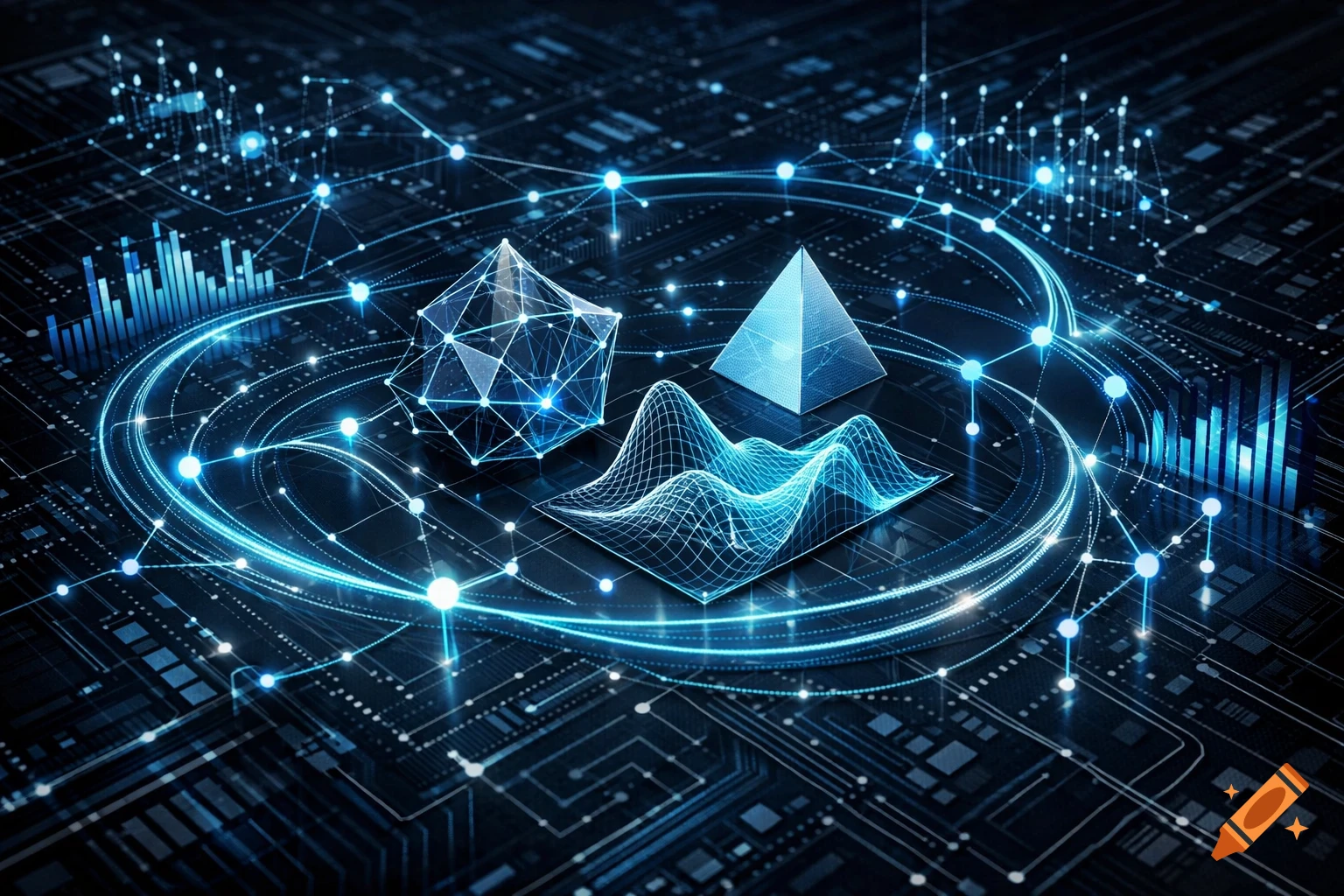 Glowing blue abstract geometric shapes, data visualizations, and interconnected lines on a dark circuit board background.