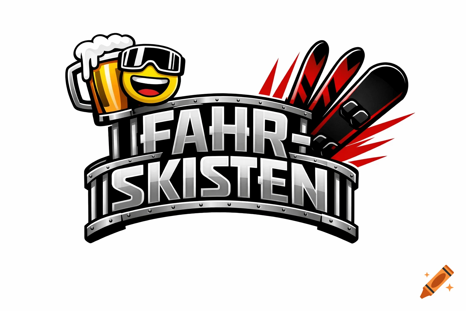 A cartoon logo featuring a smiling beer mug with ski goggles, skis, and a snowboard, above text 'FAHR-SKISTEN' on a metal banner.