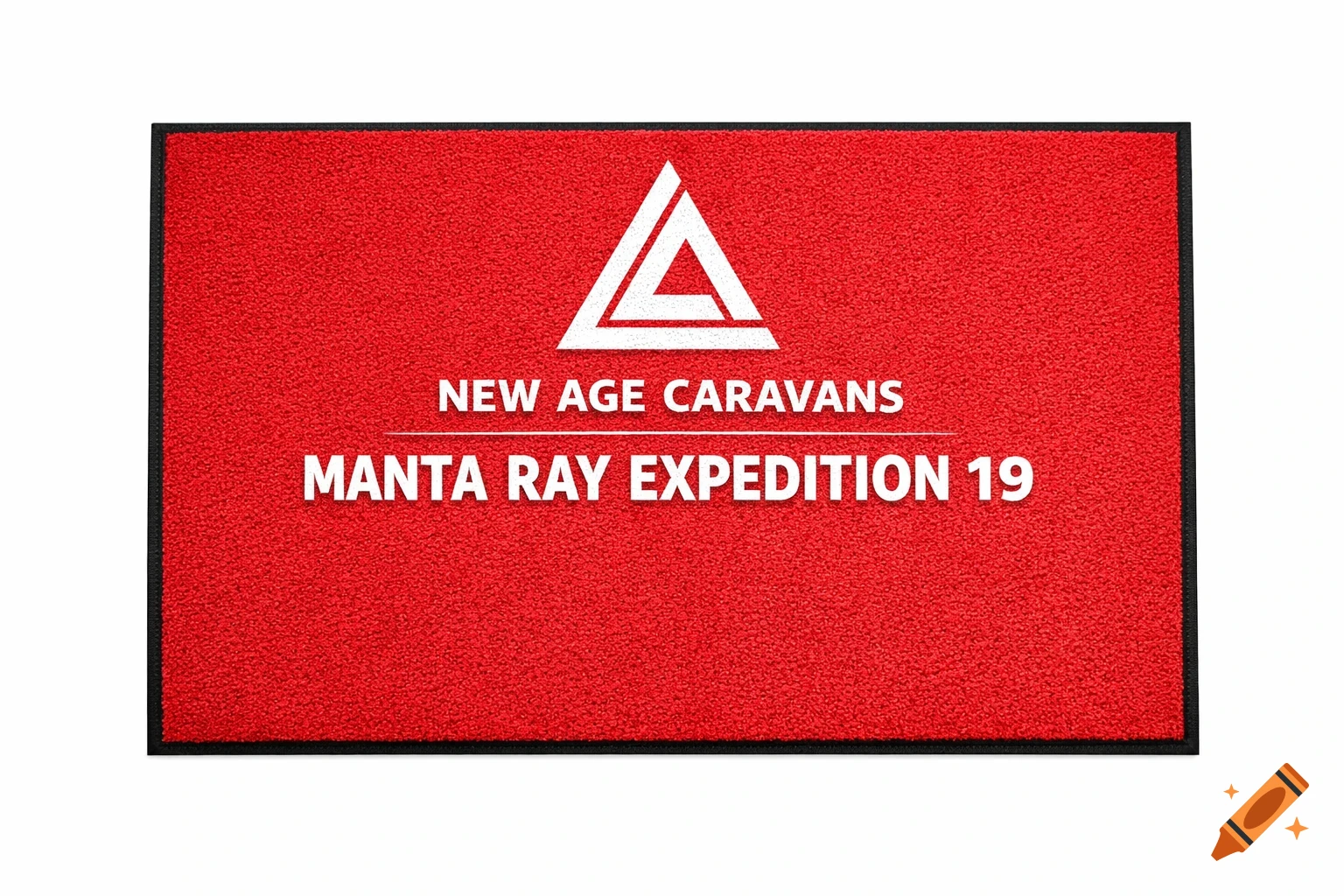 A red rectangular floor mat with a white triangular logo, 'NEW AGE CARAVANS' text, and 'MANTA RAY EXPEDITION 19' text.