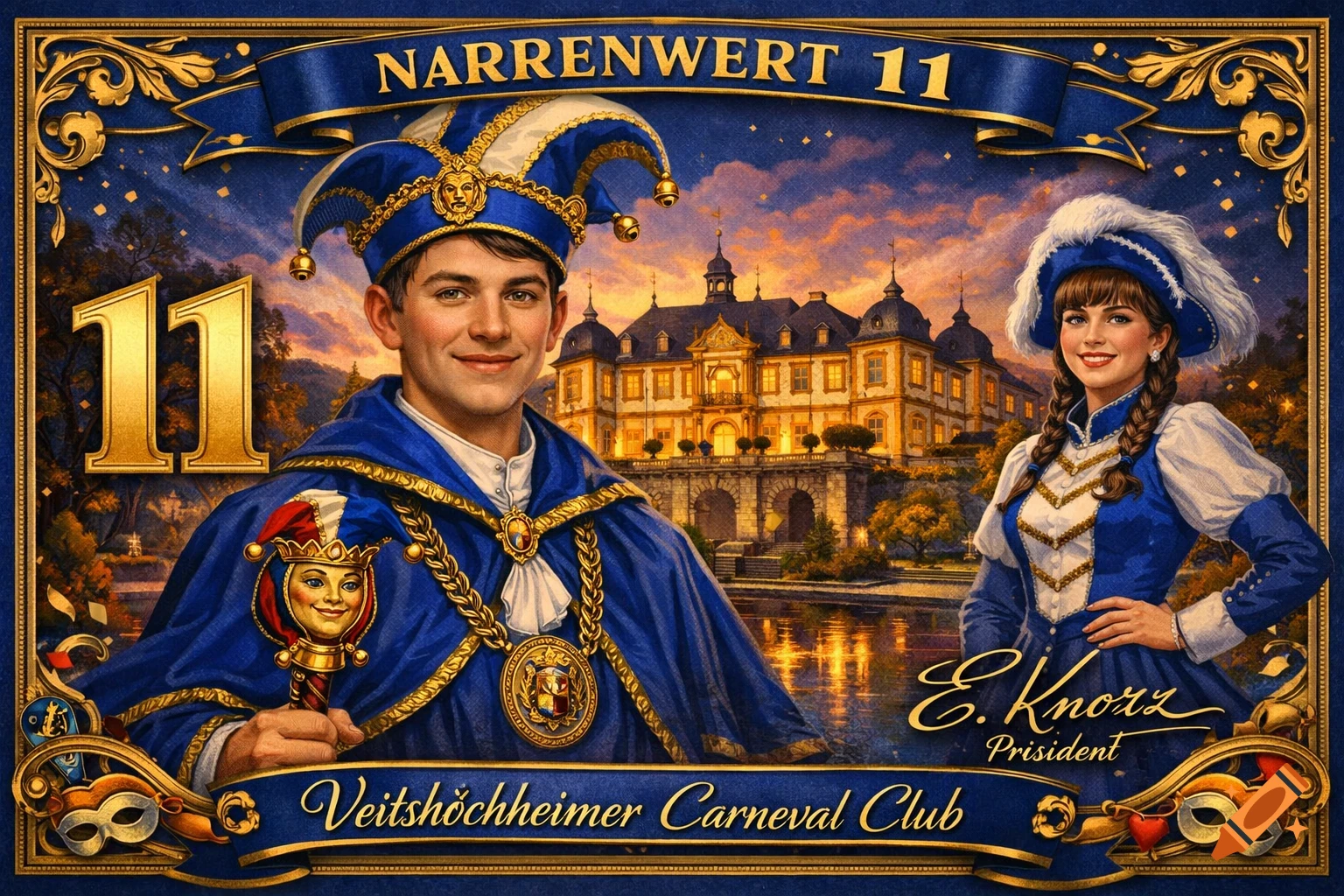 A man in a blue jester costume and a woman in a matching dress stand before a castle at sunset, designed like a commemorative banknote with gold text and ornate borders.