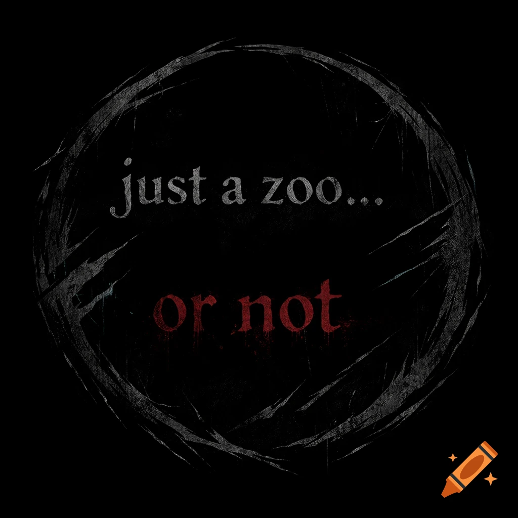 Dark grunge circular logo with white text 'just a zoo...' and red 'or not', featuring scratch marks.