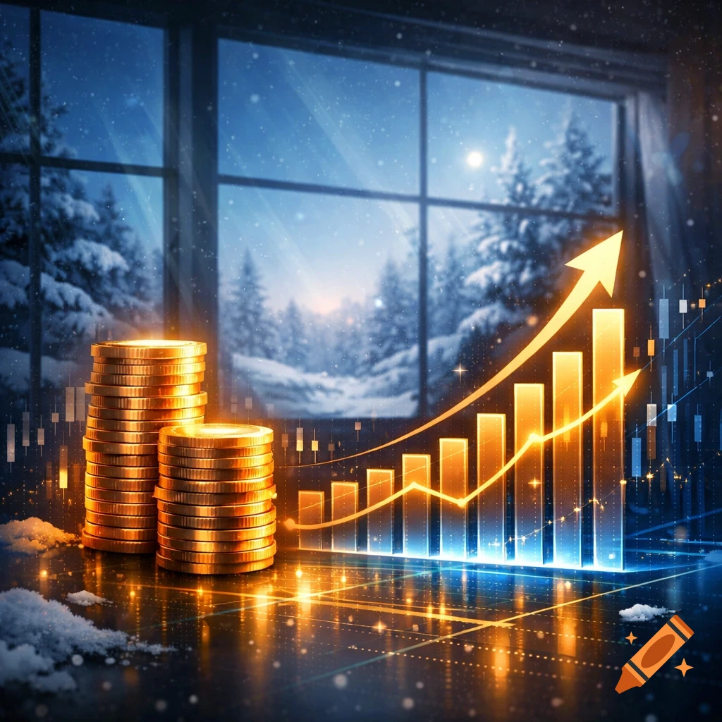 Golden coins and a glowing upward trend graph against a snowy winter window, symbolizing financial growth.