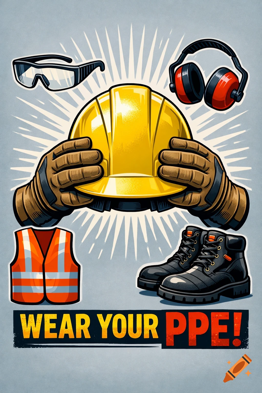 Illustration of construction safety gear: hard hat, goggles, earmuffs, gloves, vest, and boots. Text reads 'WEAR YOUR PPE!'.