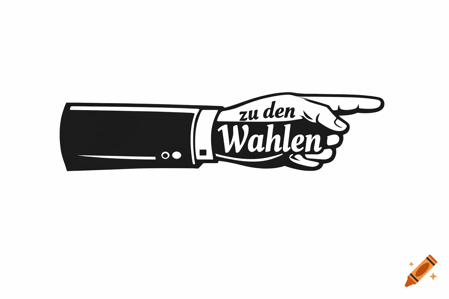 Black and white retro illustration of a suited arm pointing right with the German text 'zu den Wahlen' (to the elections).