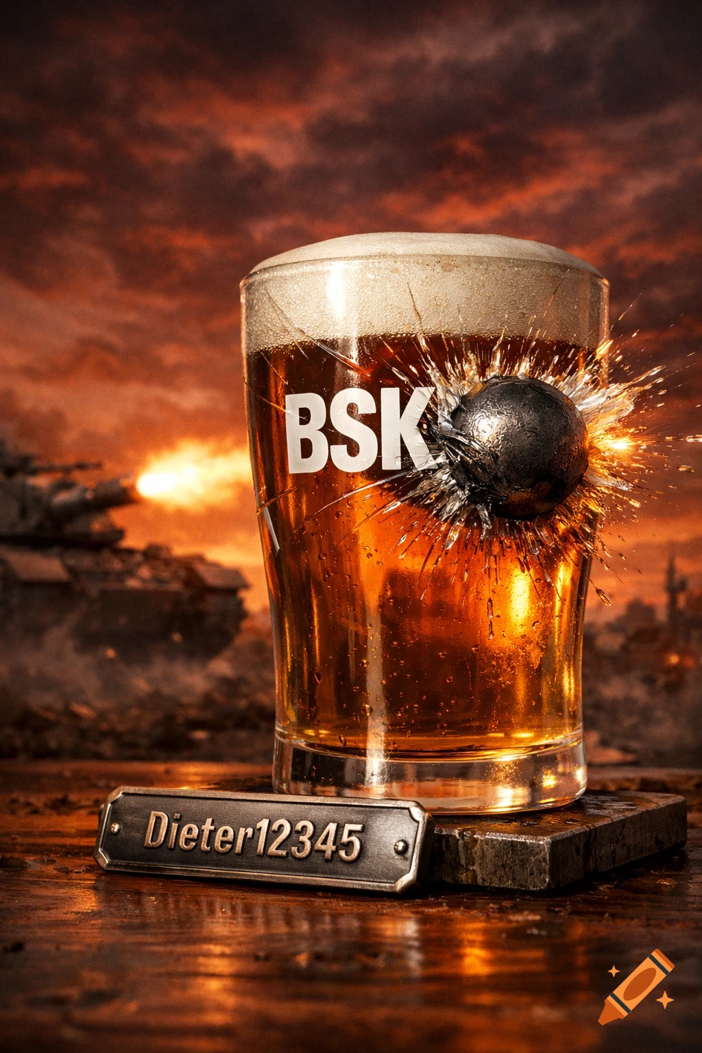 A photorealistic image of a beer glass with "BSK" on it, being hit by a cannonball, set against a fiery sunset with a tank in the background. A nameplate reading "Dieter12345" rests in front of the glass.