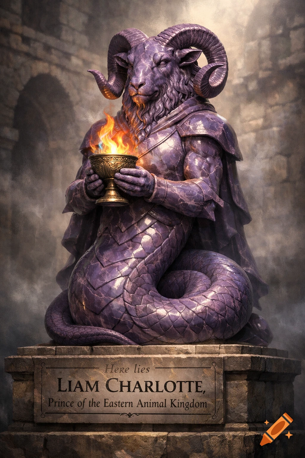 A purple ram-headed, snake-bodied statue holding a flaming chalice on a pedestal inscribed 'Here lies LIAM CHARLOTTE, Prince of the Eastern Animal Kingdom'.