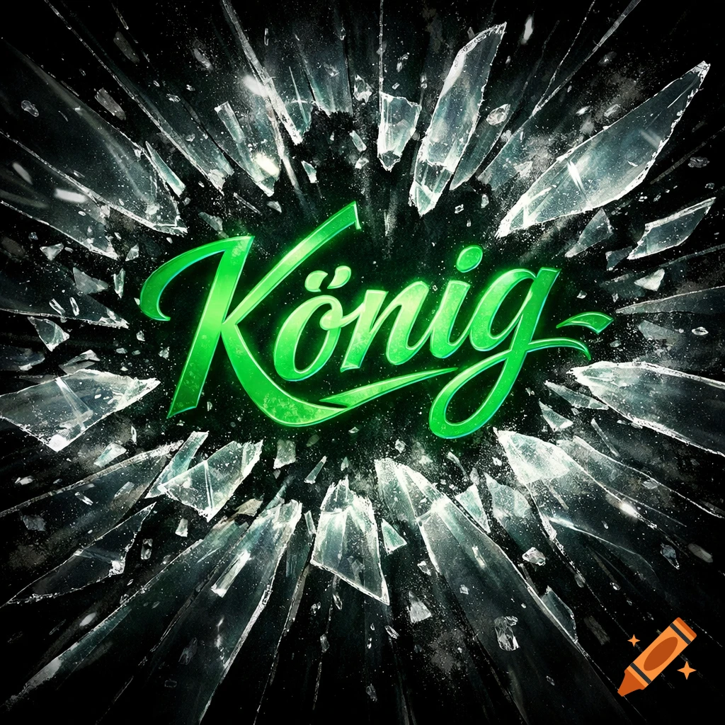 A vibrant green 'König' logo with an umlaut bursts through a pane of shattered glass against a dark background, creating an explosive effect.