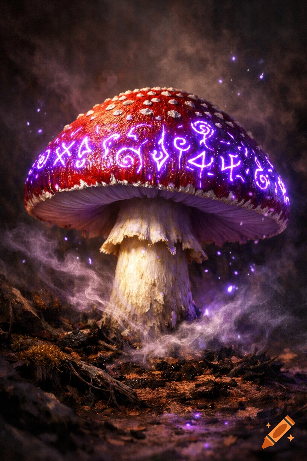 A close-up of a red and white mushroom with glowing purple arcane runes on its cap, standing in a dark, mystical forest floor with purple mist.