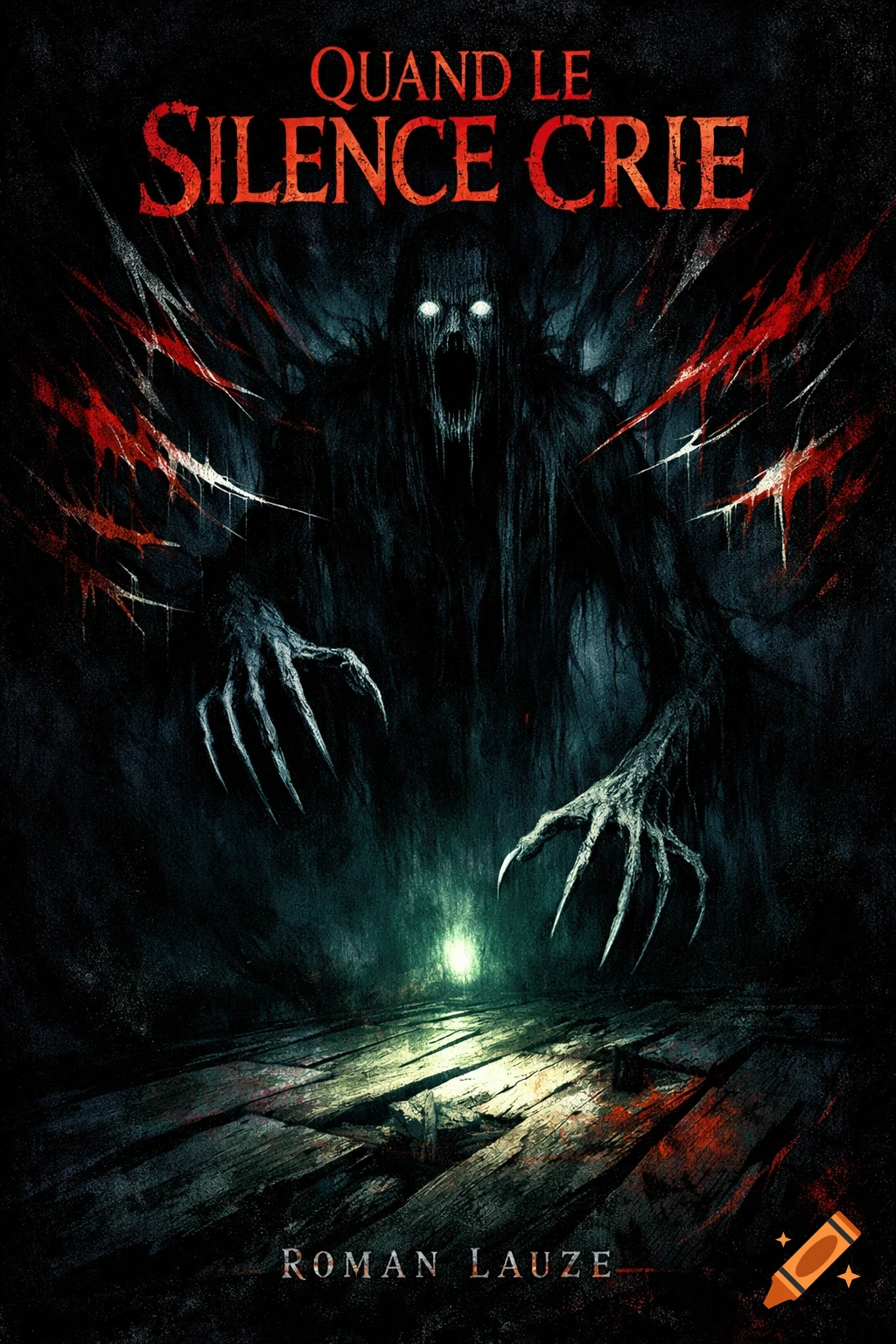 Dark horror poster with a shadowy monster, glowing eyes, long claws, and red streaks, above 'QUAND LE SILENCE CRIE' and 'ROMAN LAUZE'.