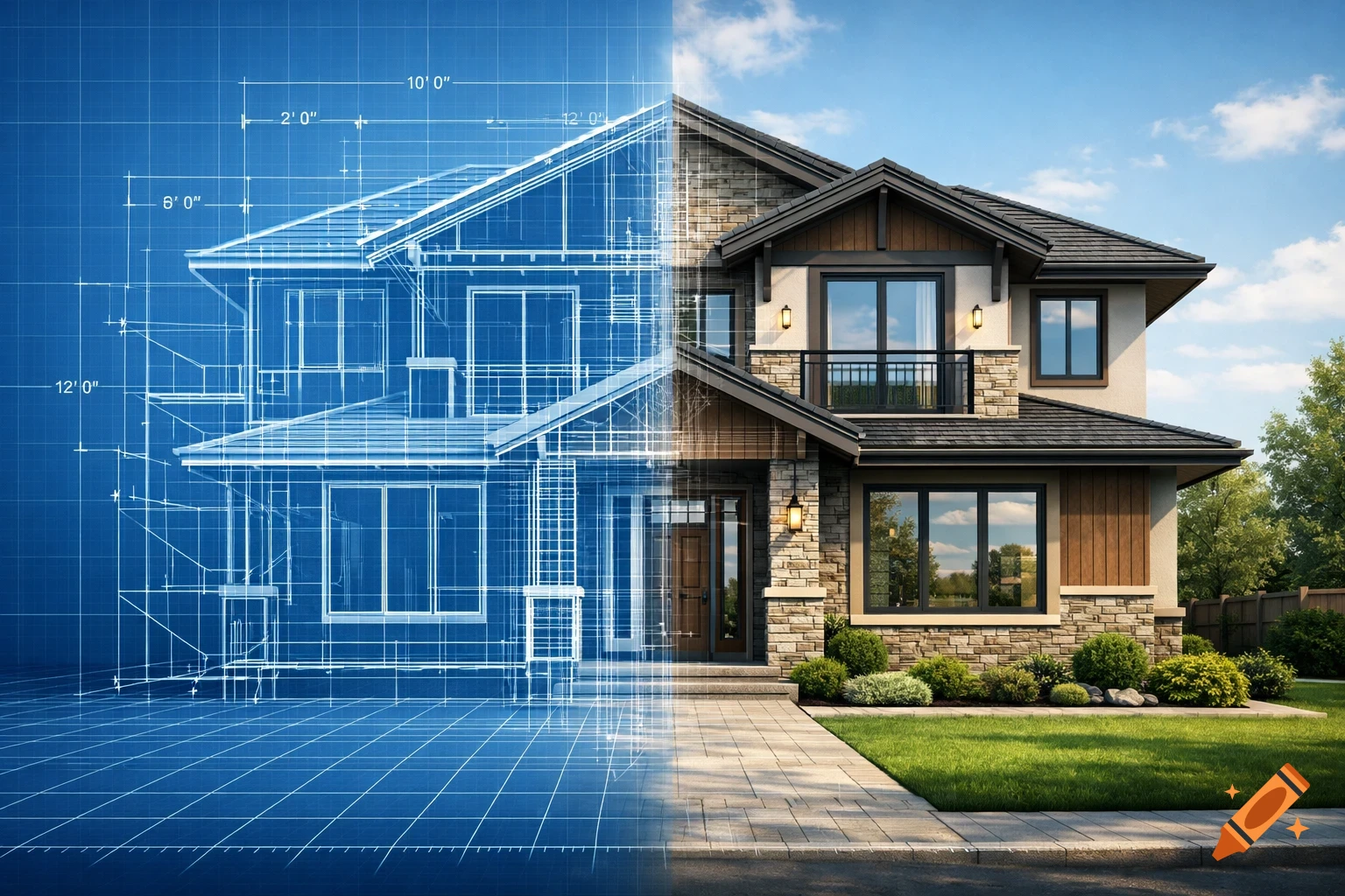 A modern house transitions from a detailed blueprint on the left to a fully constructed, realistic home on the right, under a clear sky.