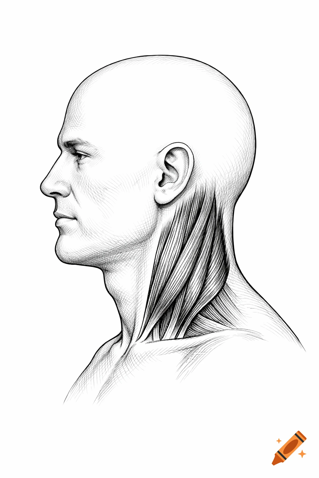 Black and white medical illustration of a bald man's head and neck in profile, showing detailed neck muscles.