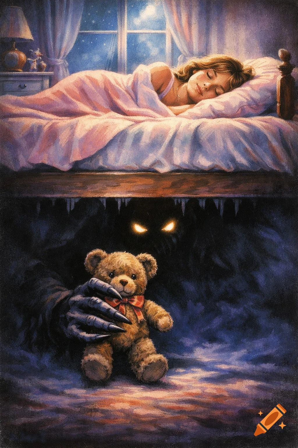 An 1980s horror-fantasy illustration of a woman sleeping in bed above a shadowy monster gripping a teddy bear.