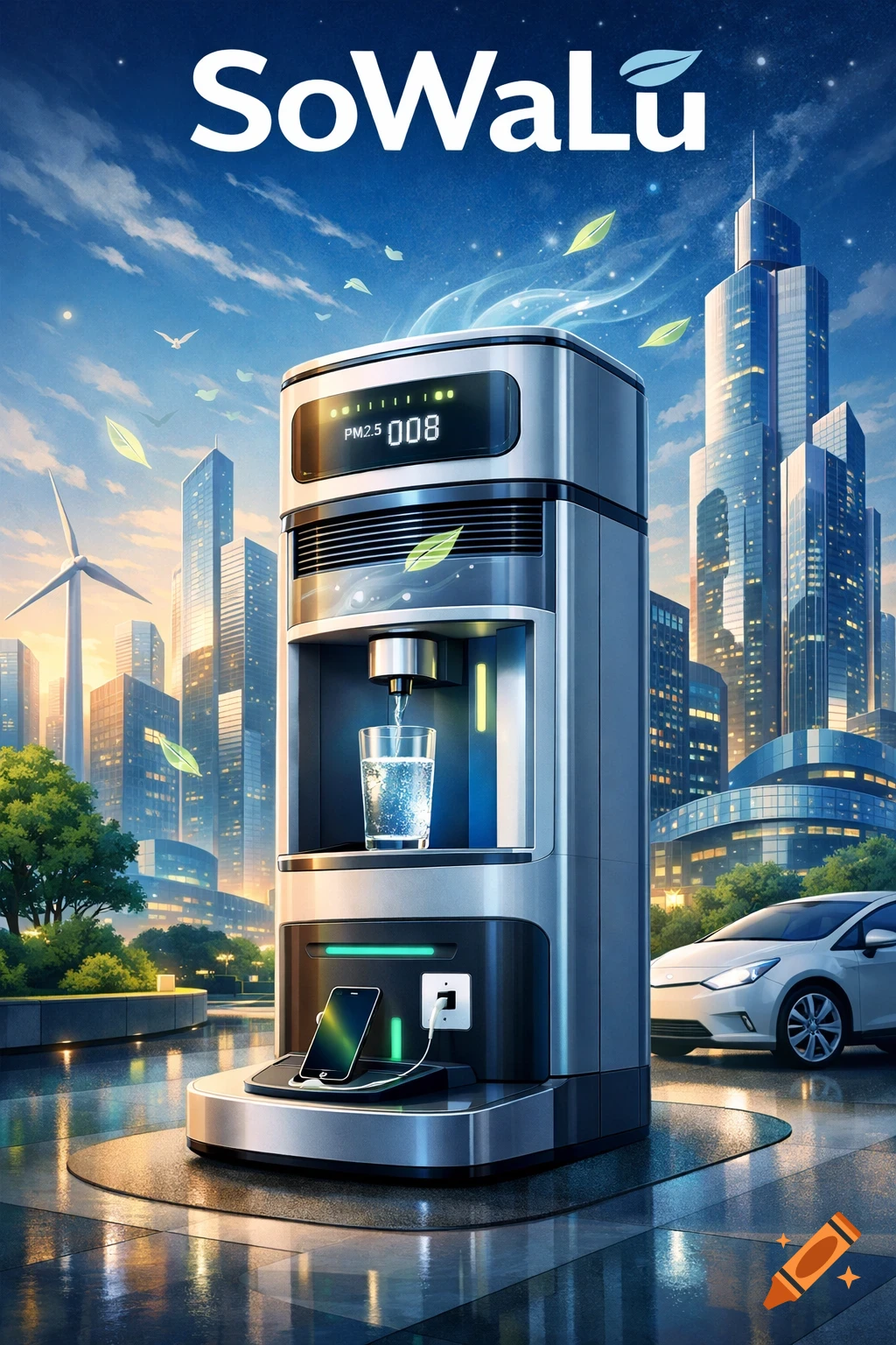 A futuristic SoWaLu air filter, water dispenser, and charging station in a modern city with skyscrapers.