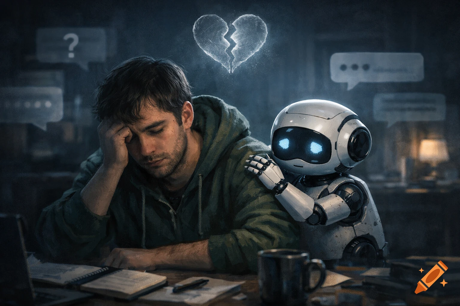 A sad man rests his head on his hand at a messy desk, while a small robot comforts him with a hand on his shoulder. A glowing broken heart hovers above them. Moody digital painting.