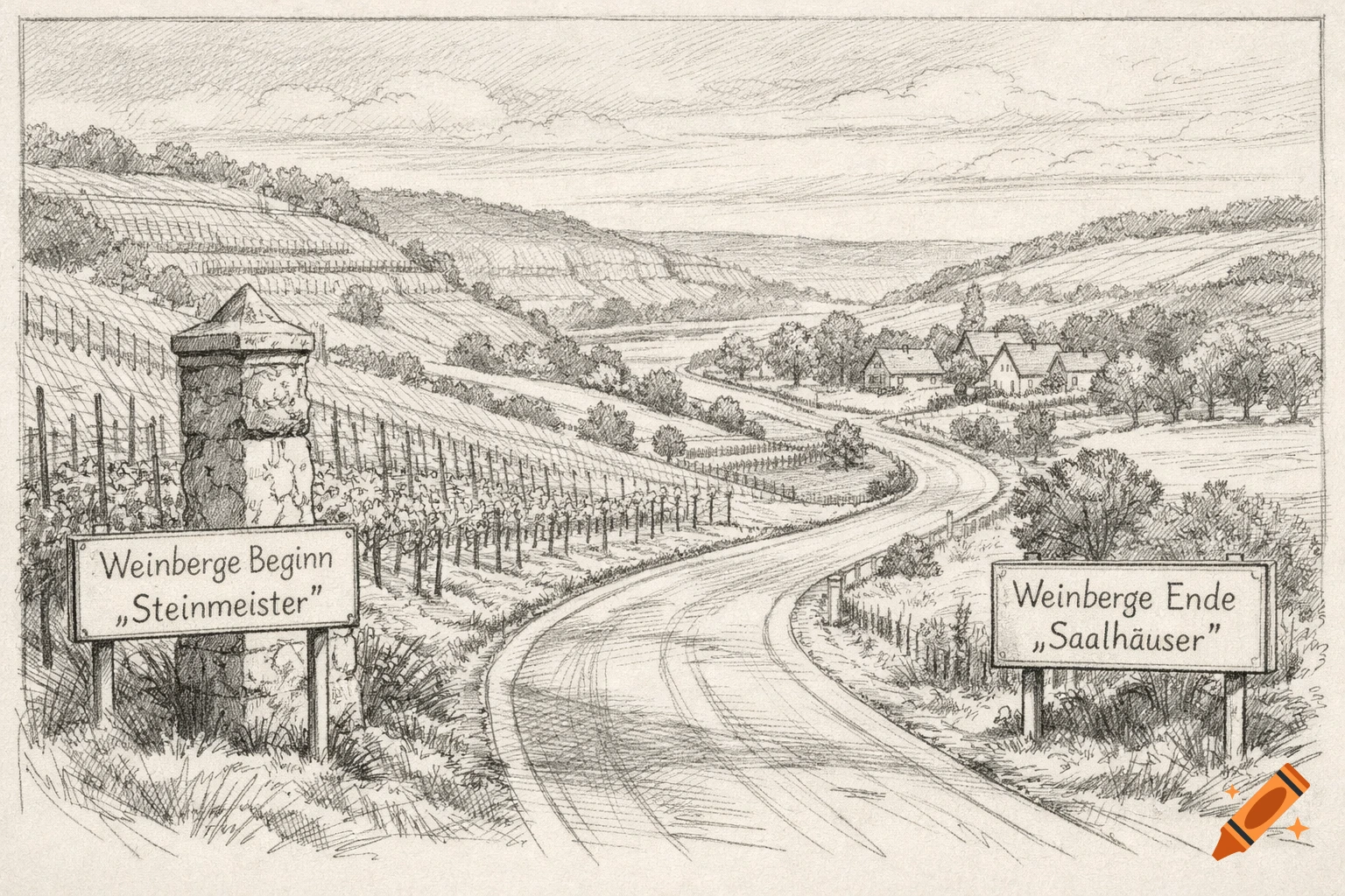 A monochrome sketch of a winding road through rolling hills covered in vineyards, with houses in the distance and two signs marking "Weinberge Beginn" and "Weinberge Ende".