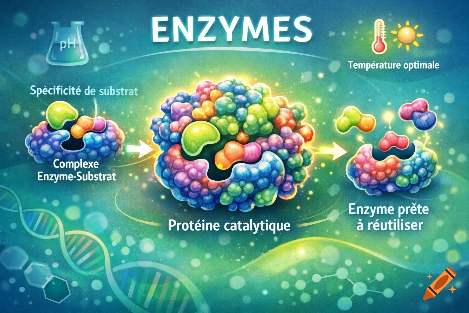 Colorful scientific diagram illustrating enzyme action, showing a substrate binding to an enzyme, forming a complex, and releasing products, with French text labels.