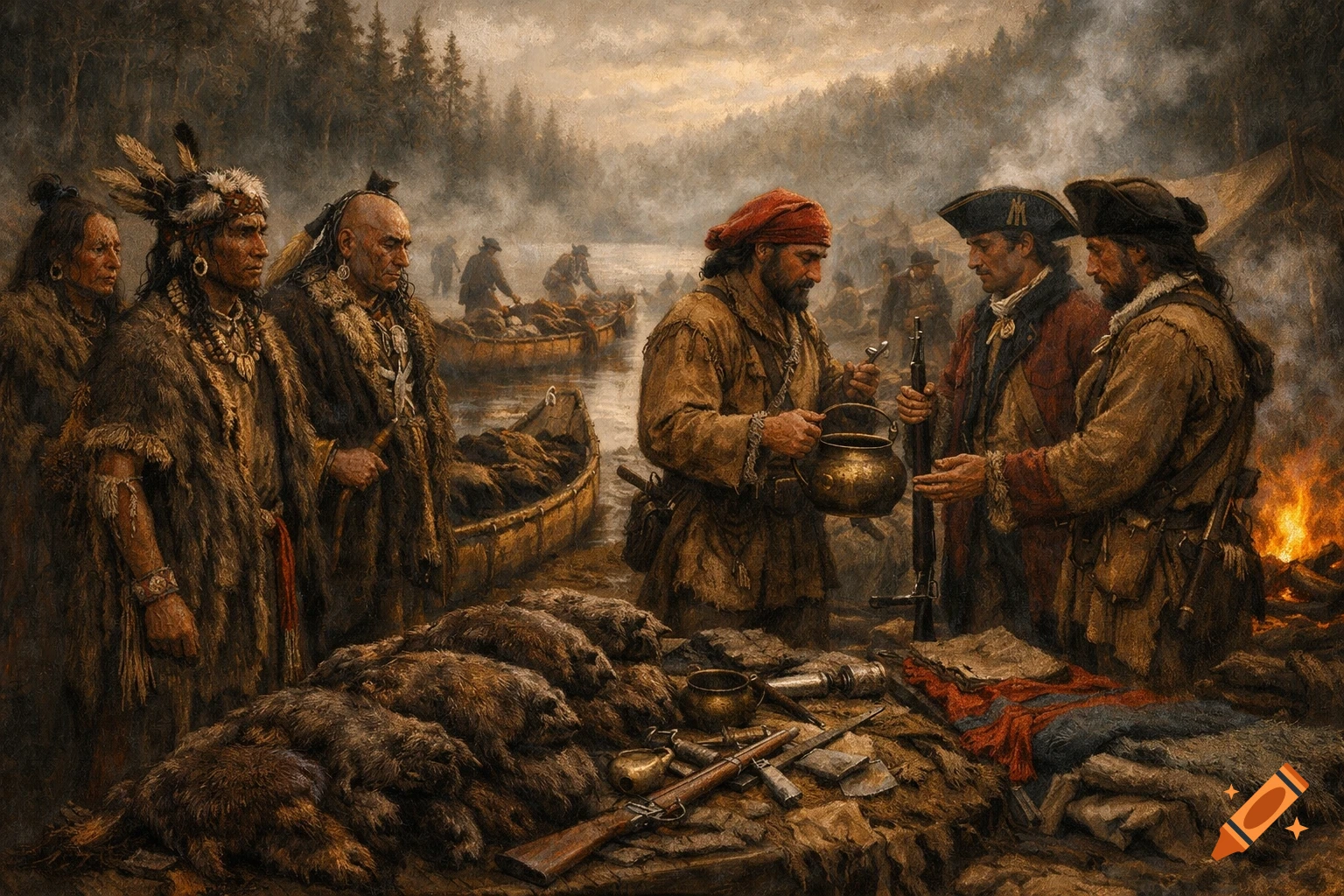 A painterly historical scene depicting Indigenous people and European traders by a river, with canoes and animal fur pelts on the ground.