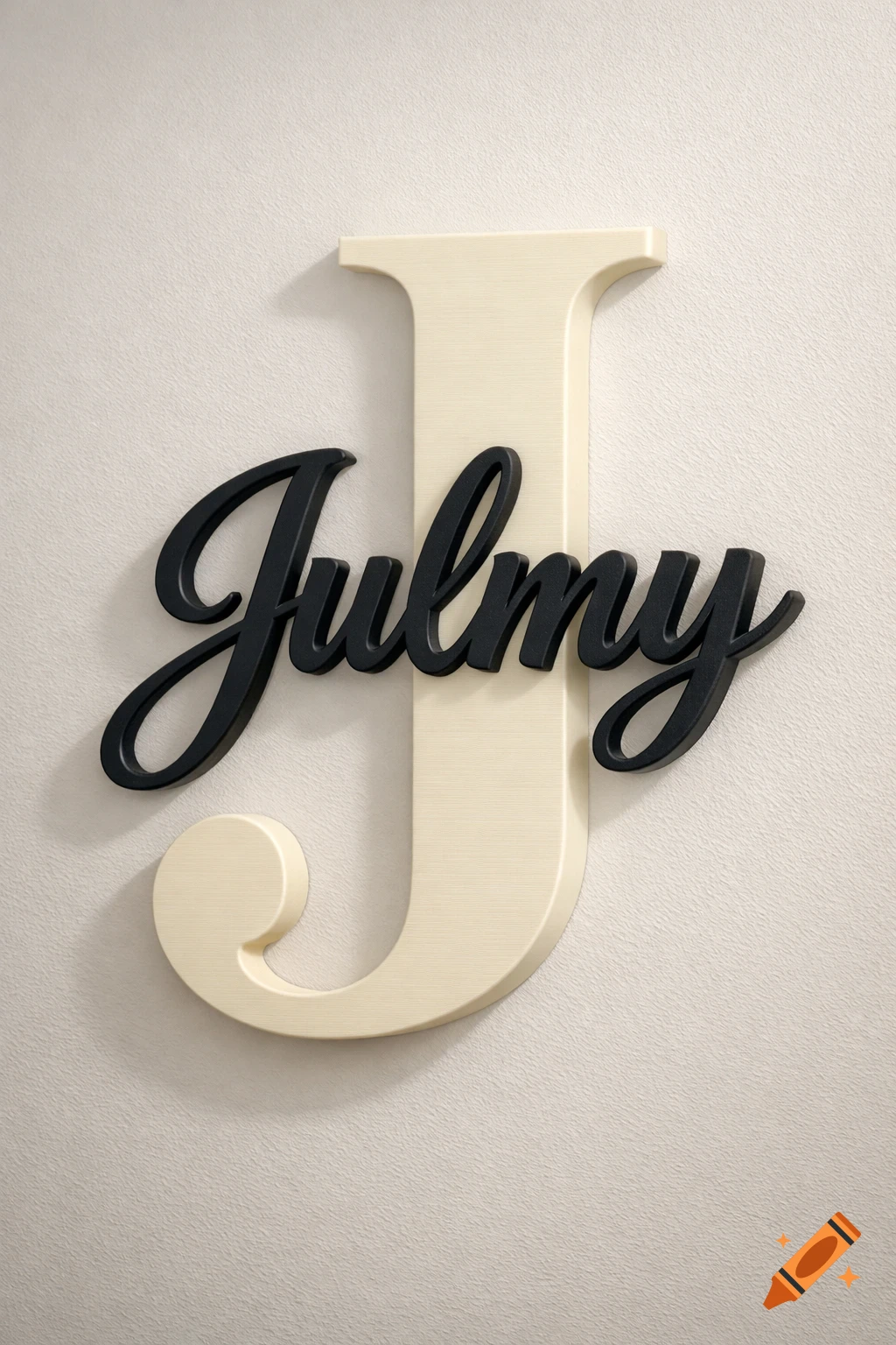 A photorealistic 3D render of a wall-mounted sign featuring a large cream 'J' with the dark cursive name 'Julmy' on top.
