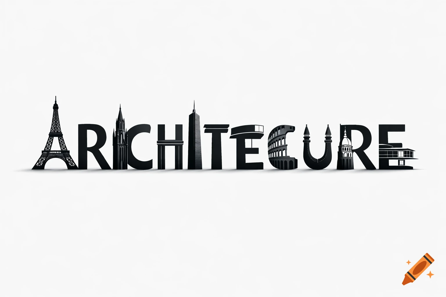The word ARCHITECTURE in black letters, each formed by a distinct architectural building, against a white background.