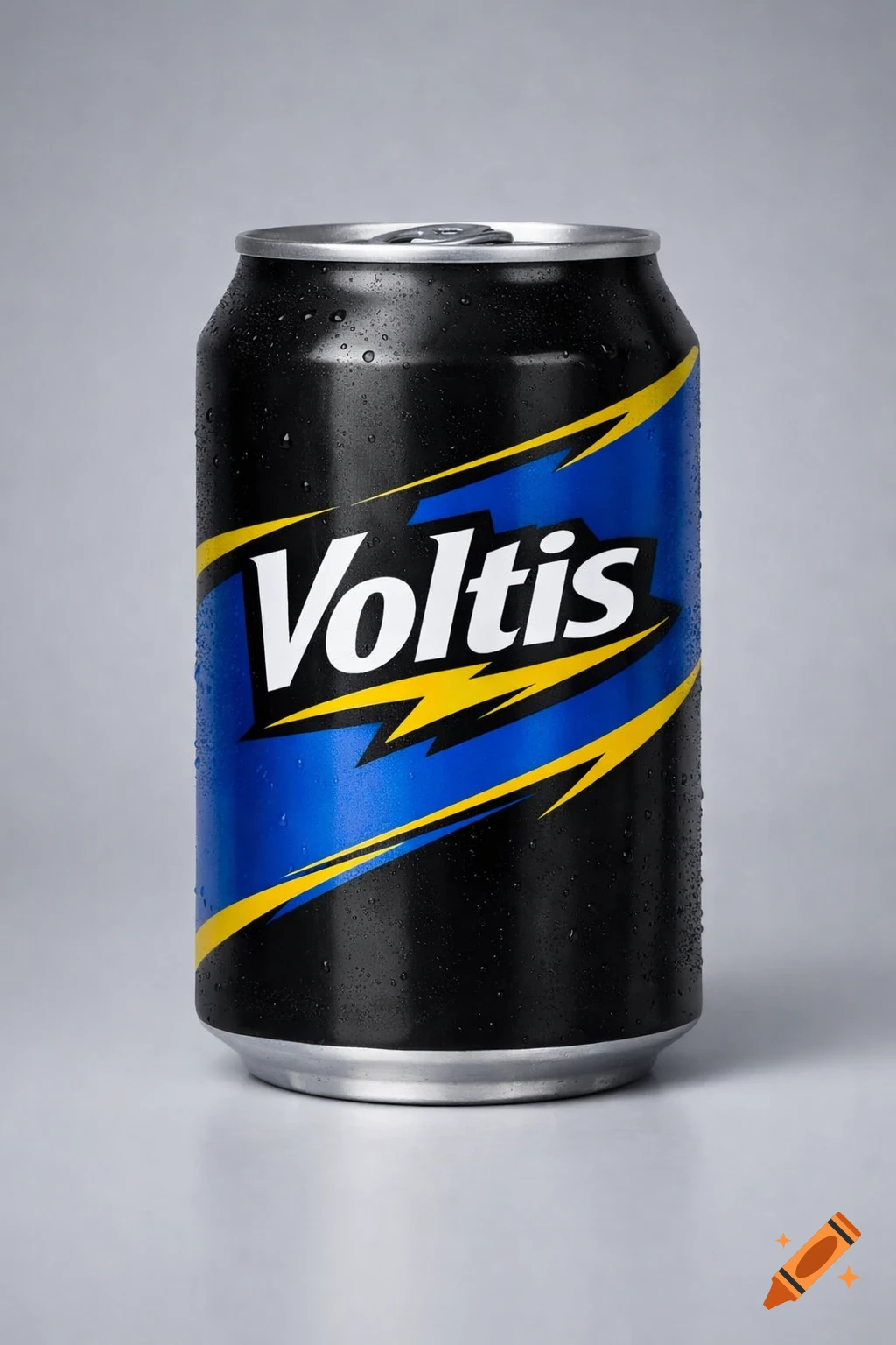 Photorealistic image of a black, blue, and yellow soda can with 'Voltis' logo and condensation.