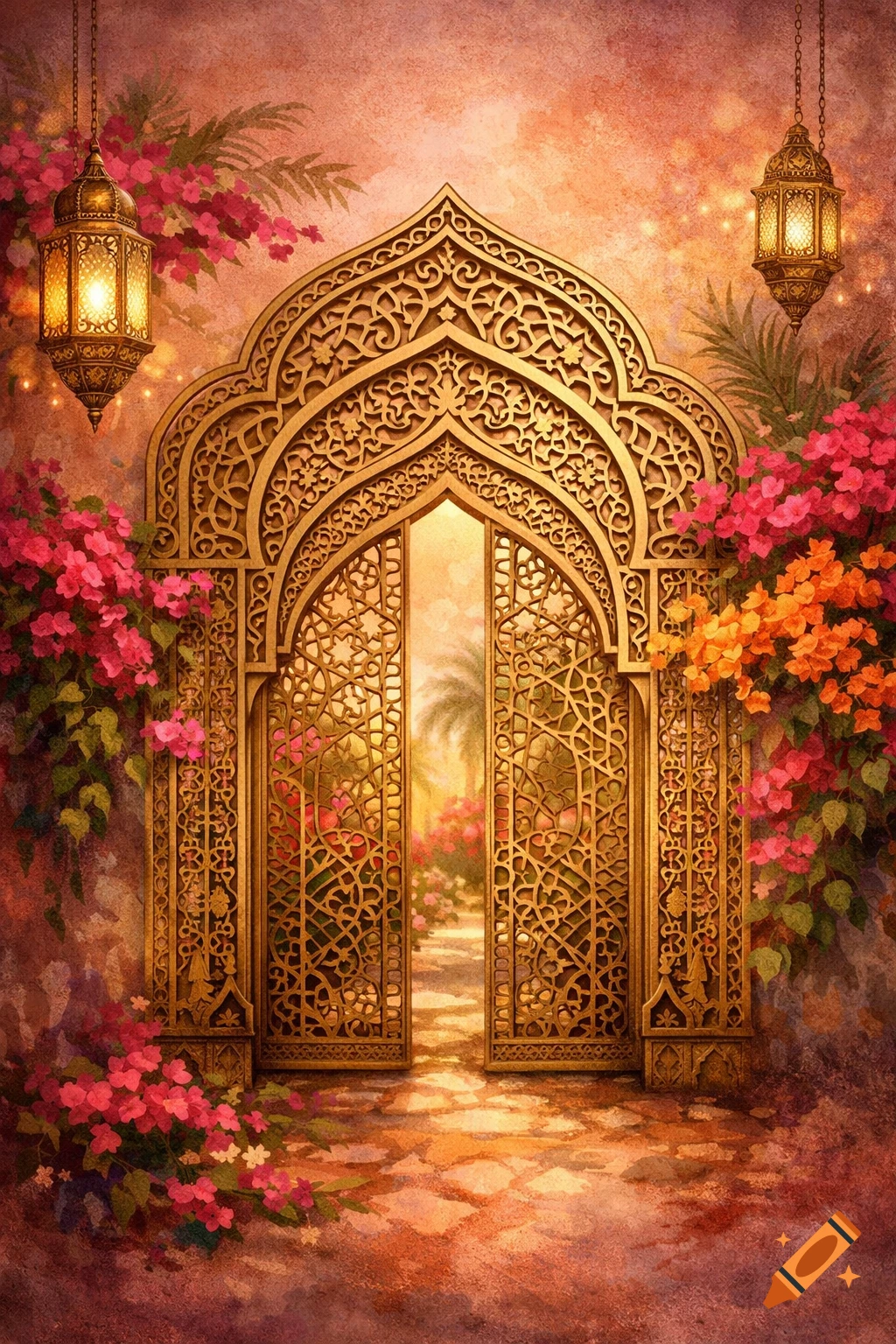 Ornate golden Moroccan archway with open doors to a bright garden path, surrounded by vibrant flowers and lanterns, in a painterly style.
