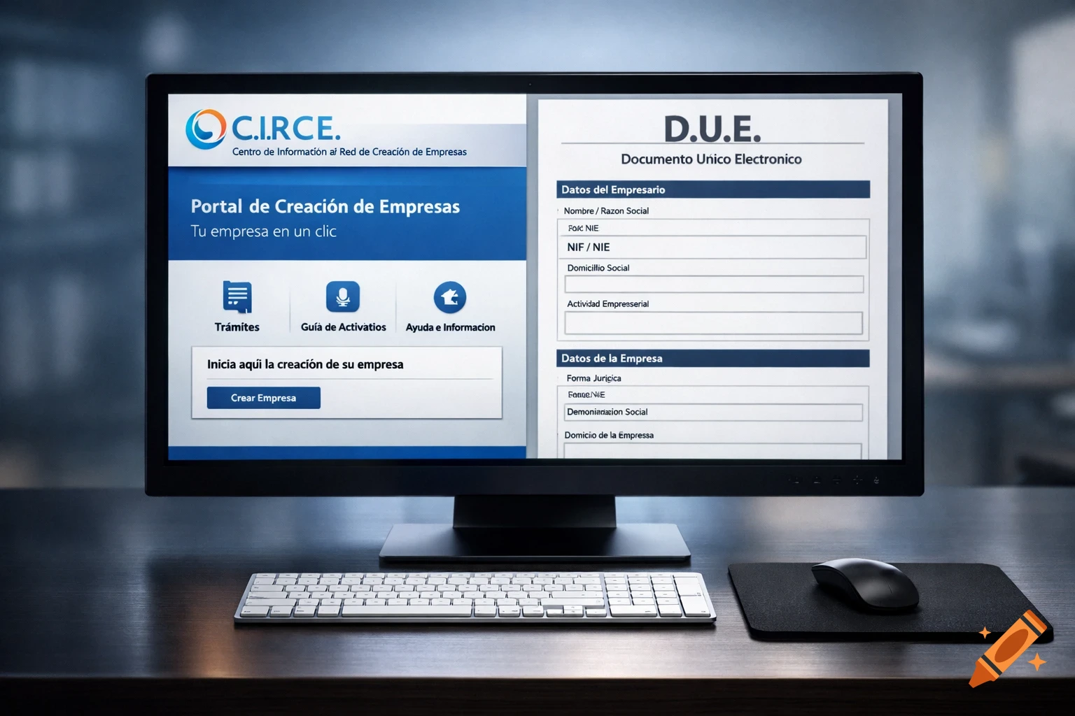 A computer screen displays the CIRCE website for company creation and a DUE electronic document form, with a keyboard and mouse on a dark desk.