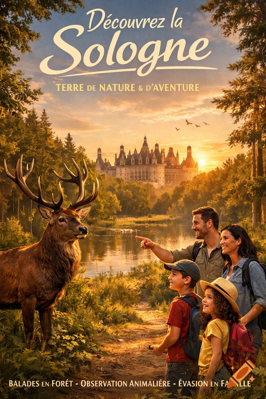 A marketing poster for Sologne, France, showing a family and a deer in a forest with the Chateau de Chambord at sunset.