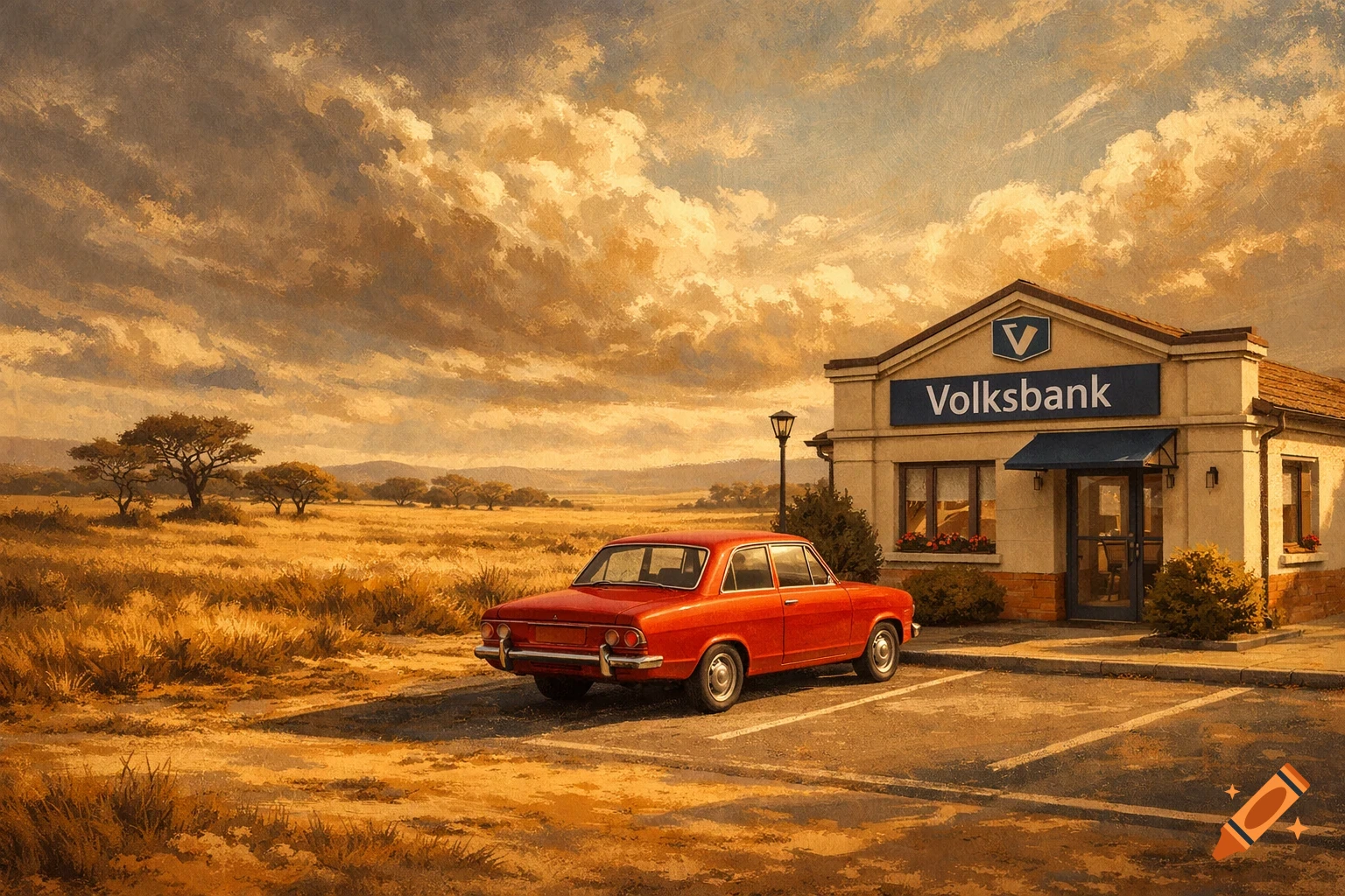 A red vintage car parked outside a Volksbank building in a dry, grassy landscape under a cloudy sky.