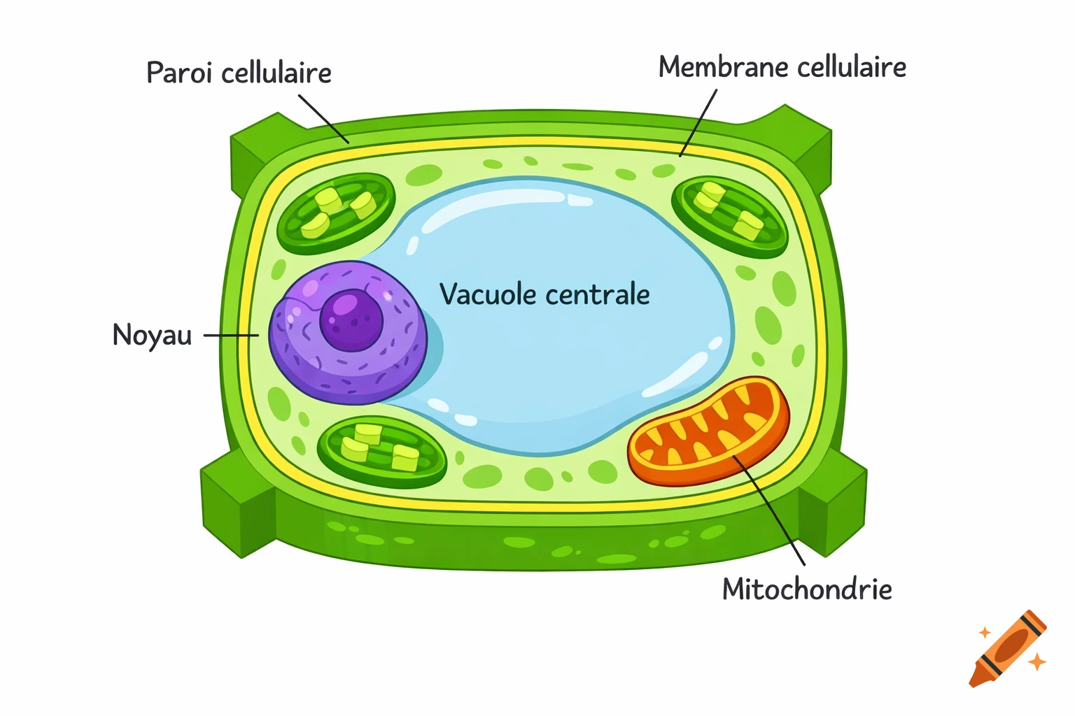 A colorful, cartoon-style diagram of a plant cell, labeled in French, showing the cell wall, membrane, central vacuole, nucleus, and mitochondrion.