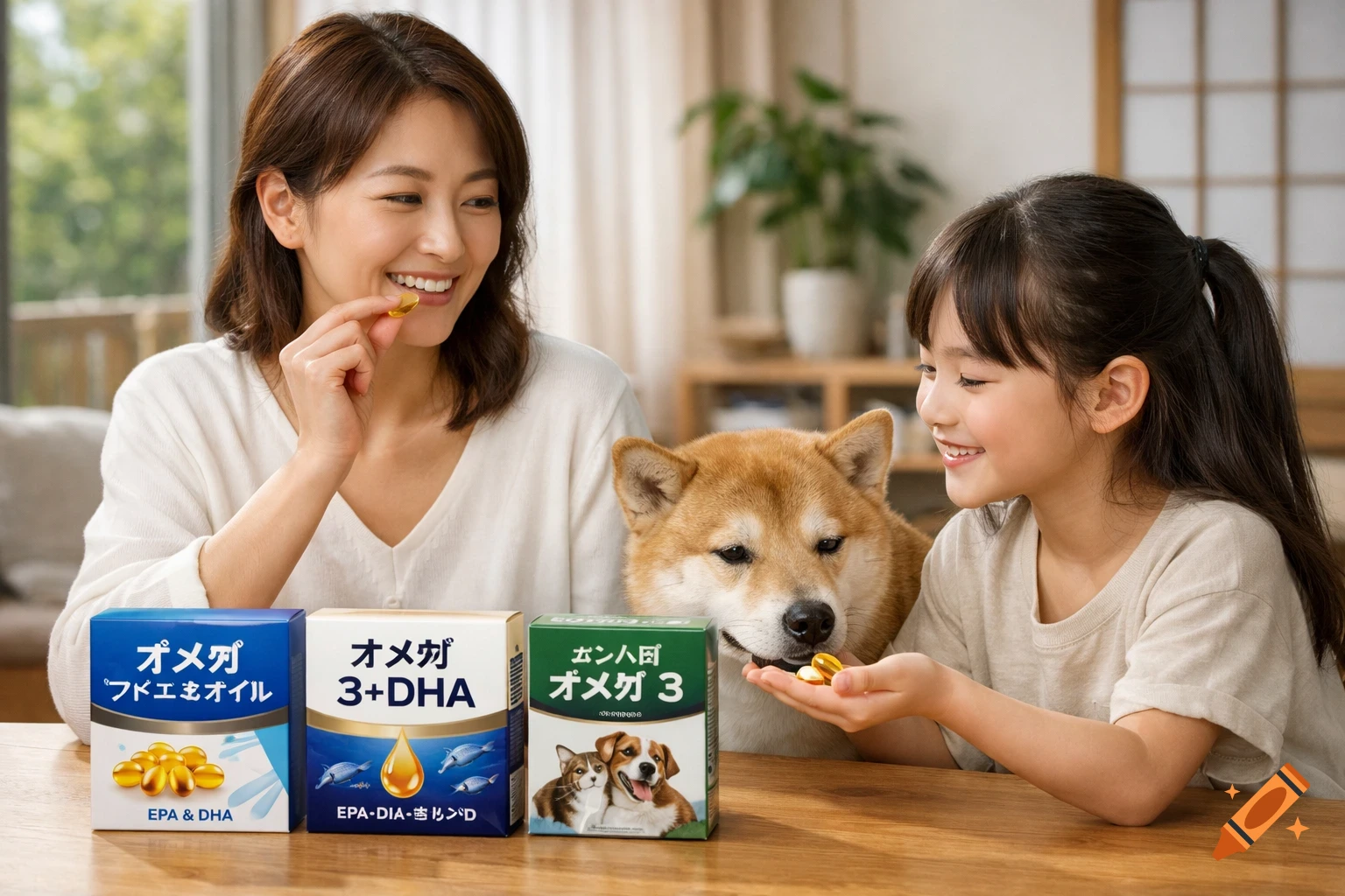 A smiling Japanese mother and daughter with their Shiba Inu dog, taking and sharing yellow softgel supplements. Three product boxes are on the table.