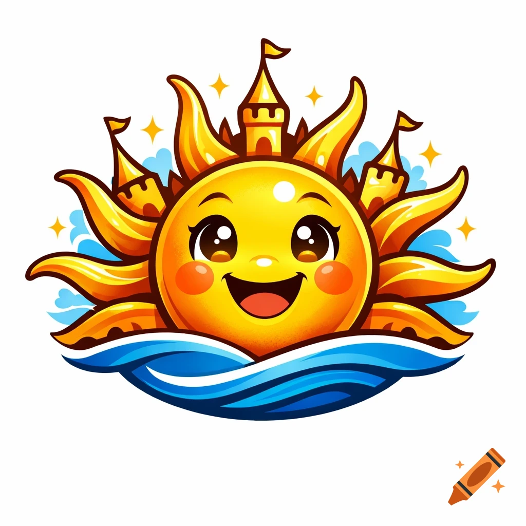A cheerful cartoon sun logo with sparkling castle turrets and blue waves beneath.