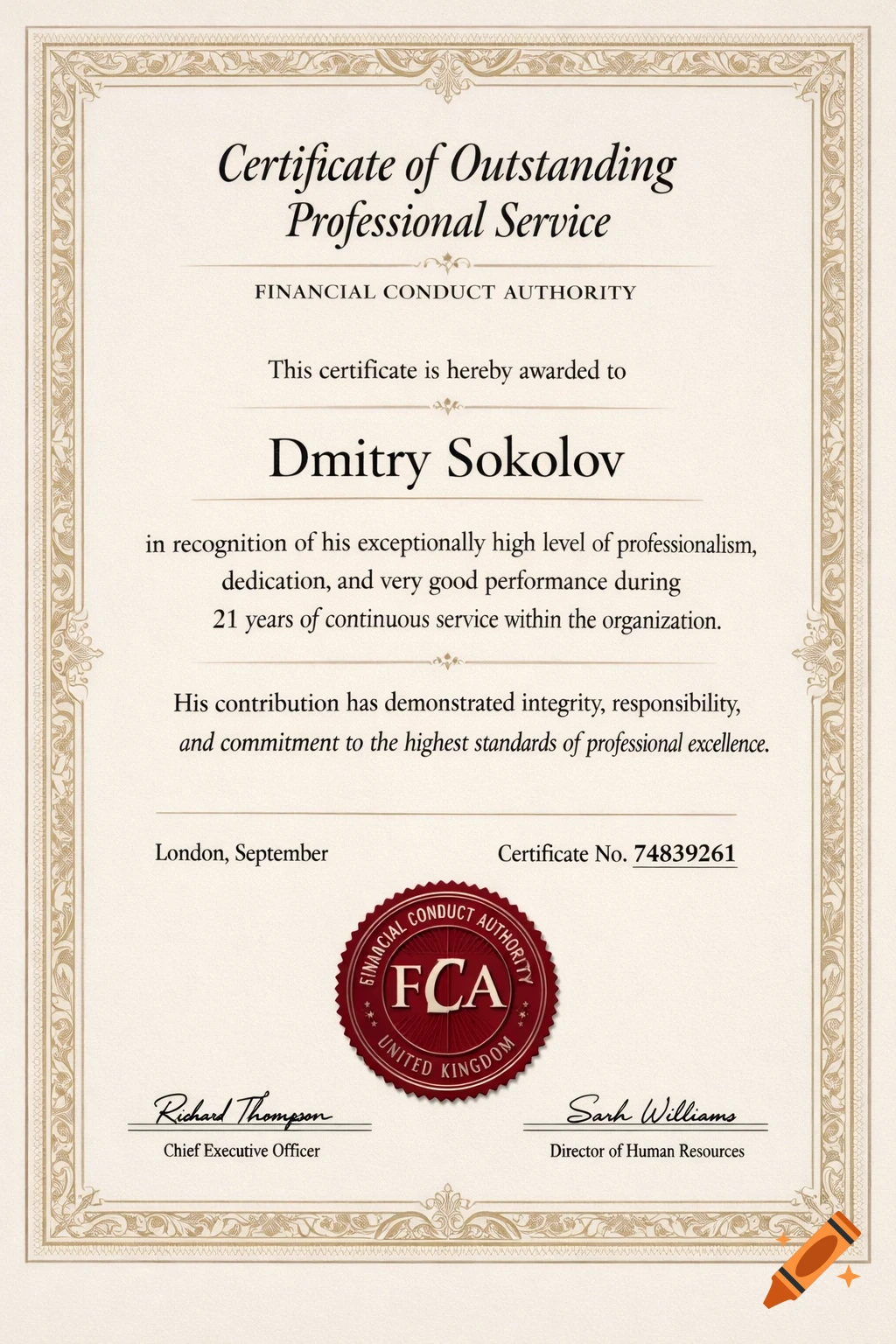 A formal certificate of outstanding professional service awarded to Dmitry Sokolov by the Financial Conduct Authority, with a red FCA seal.