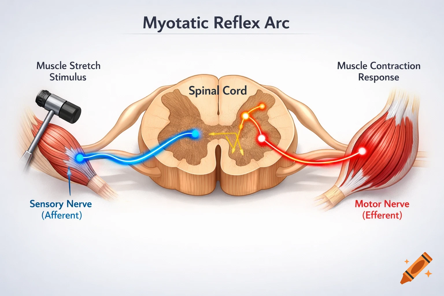 An anatomical diagram illustrating the myotatic reflex arc, showing a muscle stretch stimulus, sensory nerve, spinal cord, motor nerve, and muscle contraction response.