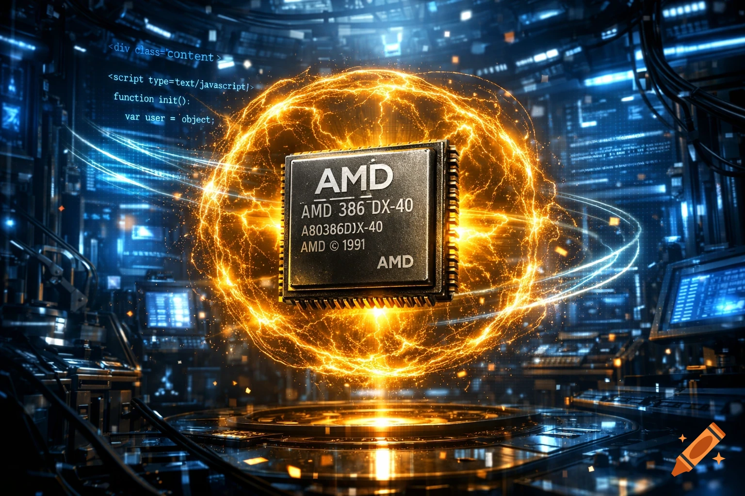 An AMD processor floats in a golden energy sphere within a futuristic cyberpunk lab, surrounded by blue light and holographic code.