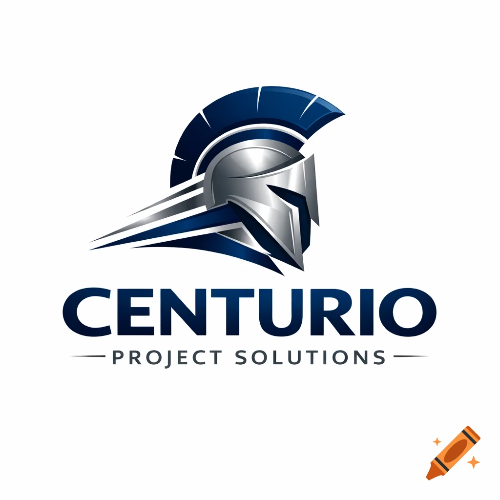 A modern logo featuring a metallic silver and dark blue Spartan helmet, with the words "CENTURIO PROJECT SOLUTIONS" below it.
