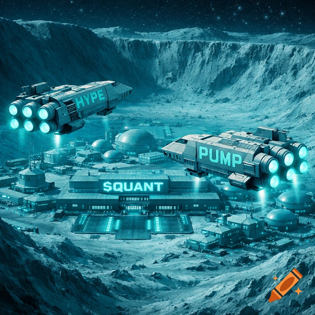 A futuristic turquoise moon base in a crater with spaceships 'HYPE' and 'PUMP' approaching, and '$QUANT' on the main building.