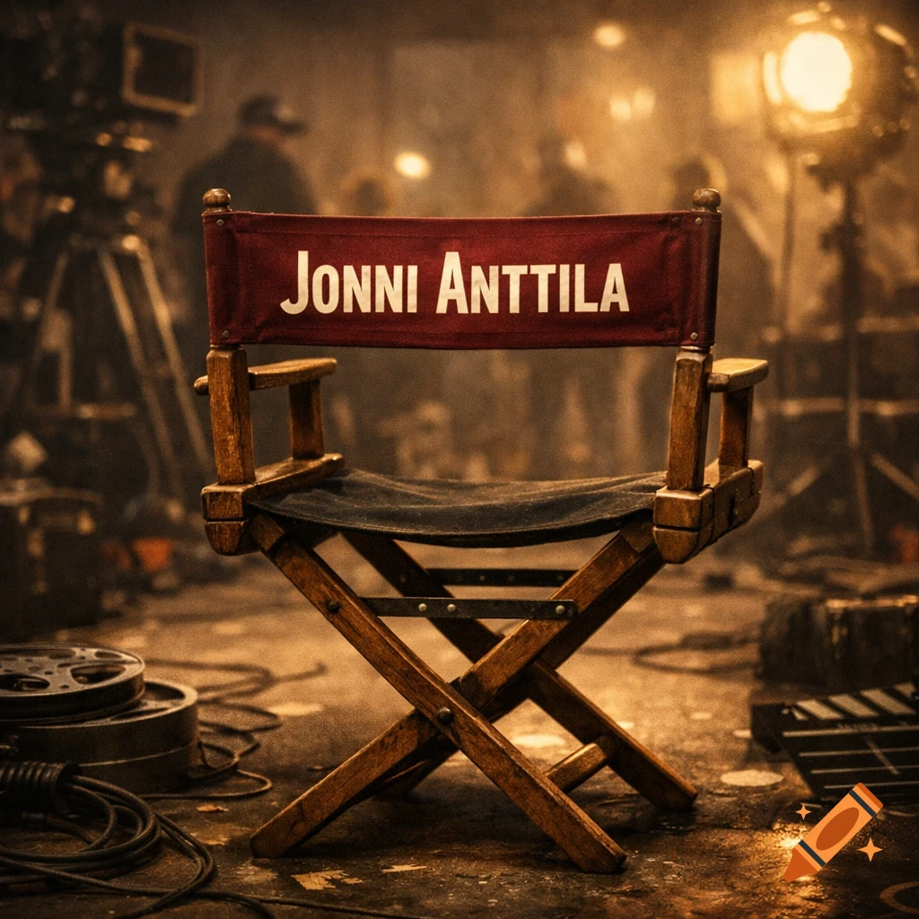 A director's chair with the name "JONNI ANTTILA" on a red backrest on a film set with blurred lights and equipment.