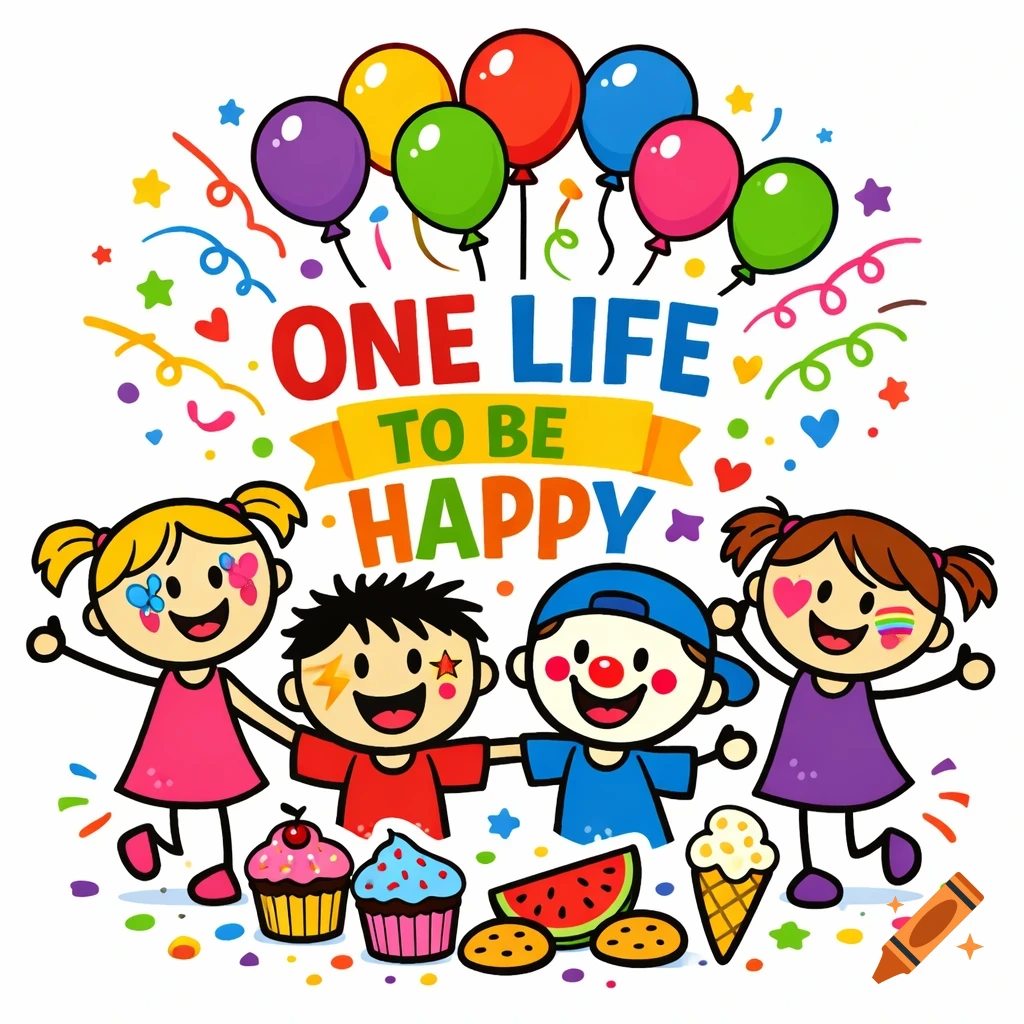 Colorful cartoon of four happy children holding hands, with balloons, confetti, and treats. Text: 'ONE LIFE TO BE HAPPY'.