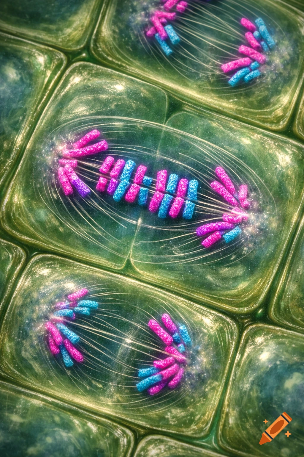 Microscopic view of plant cells undergoing mitosis, with colorful pink and blue chromosomes dividing inside green rectangular cells.
