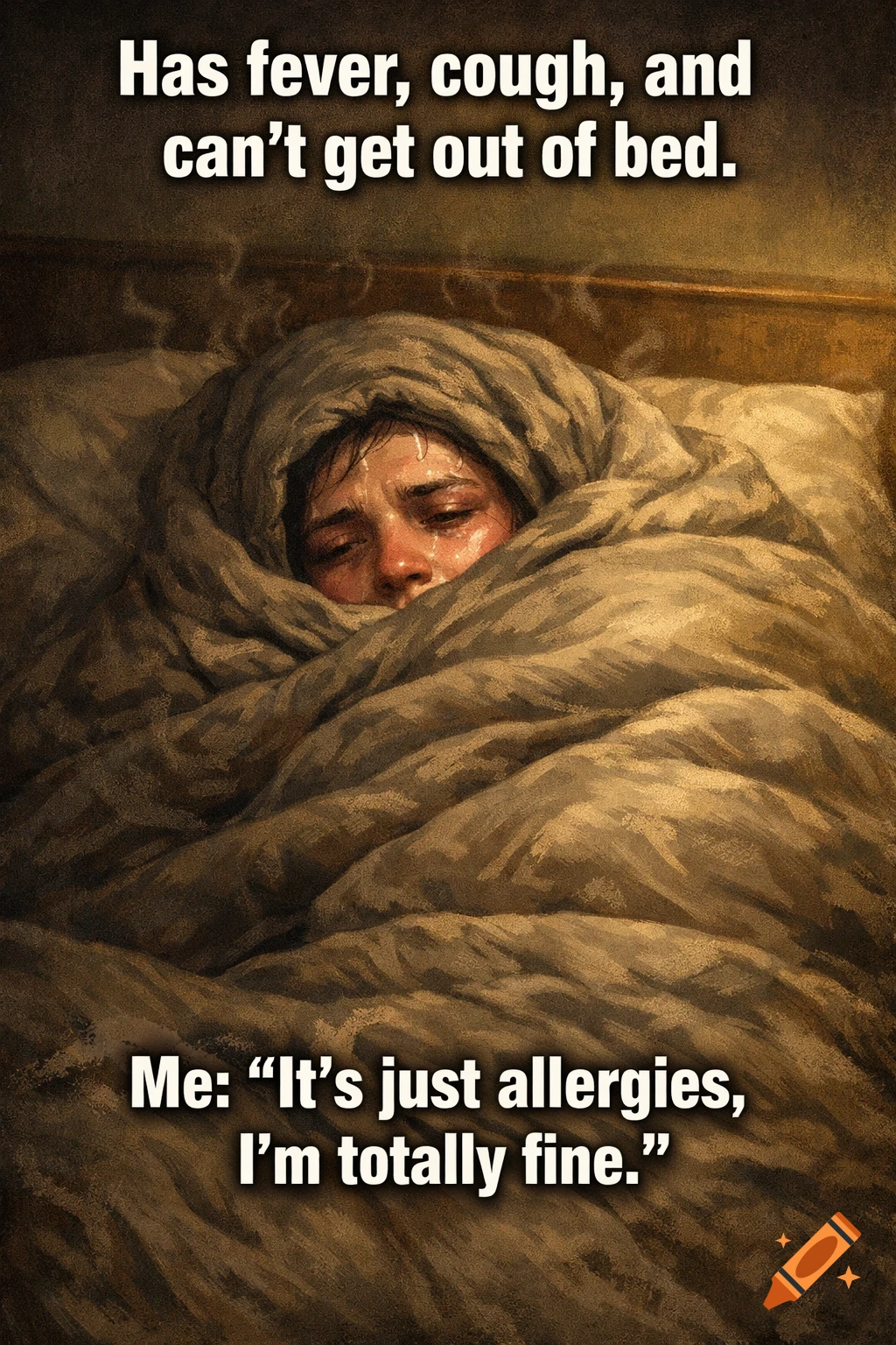 Digital art of a sick, crying person wrapped in blankets in bed. Meme text reads 'Has fever, cough, and can’t get out of bed. Me: 'It’s just allergies, I’m totally fine.'