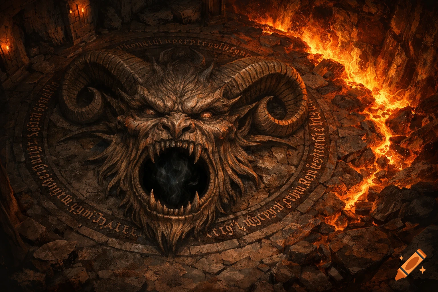 A terrifying ram-horned devil face carved into a stone floor with glowing red eyes, surrounded by an illegible inscription, with molten lava flowing in the background.