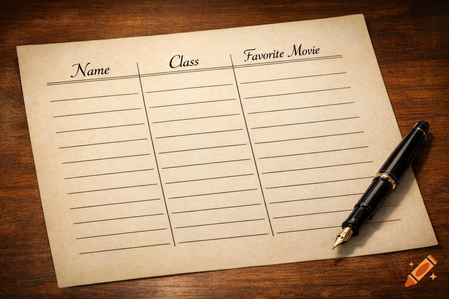 A beige sign-up sheet with three columns labeled "Name", "Class", and "Favorite Movie", lies on a wooden desk next to a black and gold fountain pen.