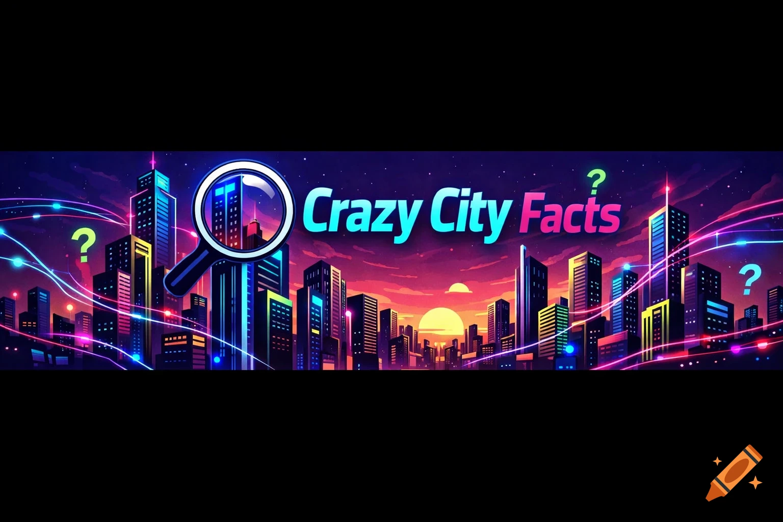 Stylized neon cityscape banner with the text 'Crazy City Facts' and a magnifying glass, set against a sunset sky.