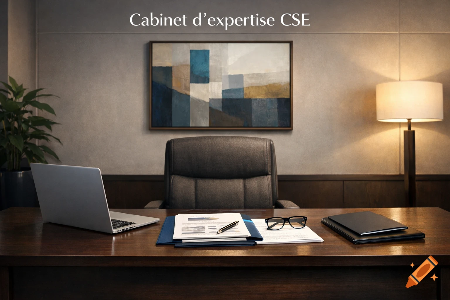 Photorealistic image of an empty office desk with a laptop, documents, glasses, pen, and an office chair, beneath an abstract painting, with the text 'Cabinet d'expertise CSE'.