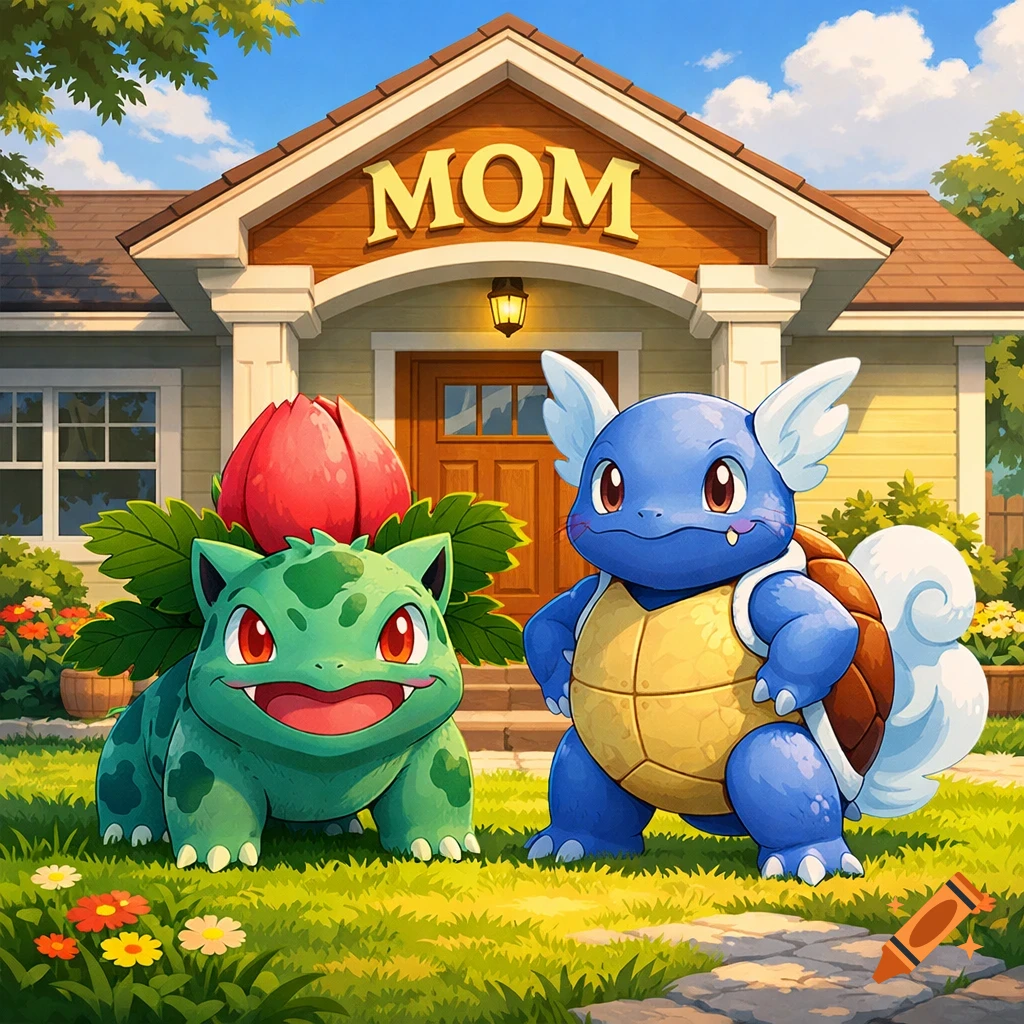 An Ivysaur and a Wartortle stand on a grassy lawn in front of a cartoon house with the word MOM above the door.