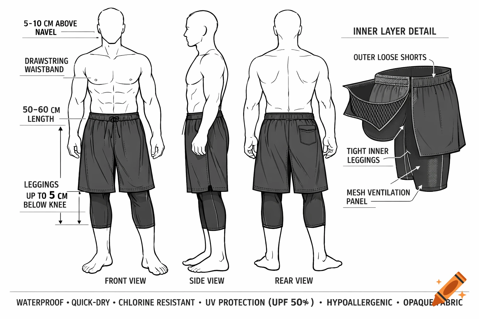 Detailed technical line drawing of men's modest swim shorts with integrated leggings, shown in front, side, rear, and cutaway views with annotations.